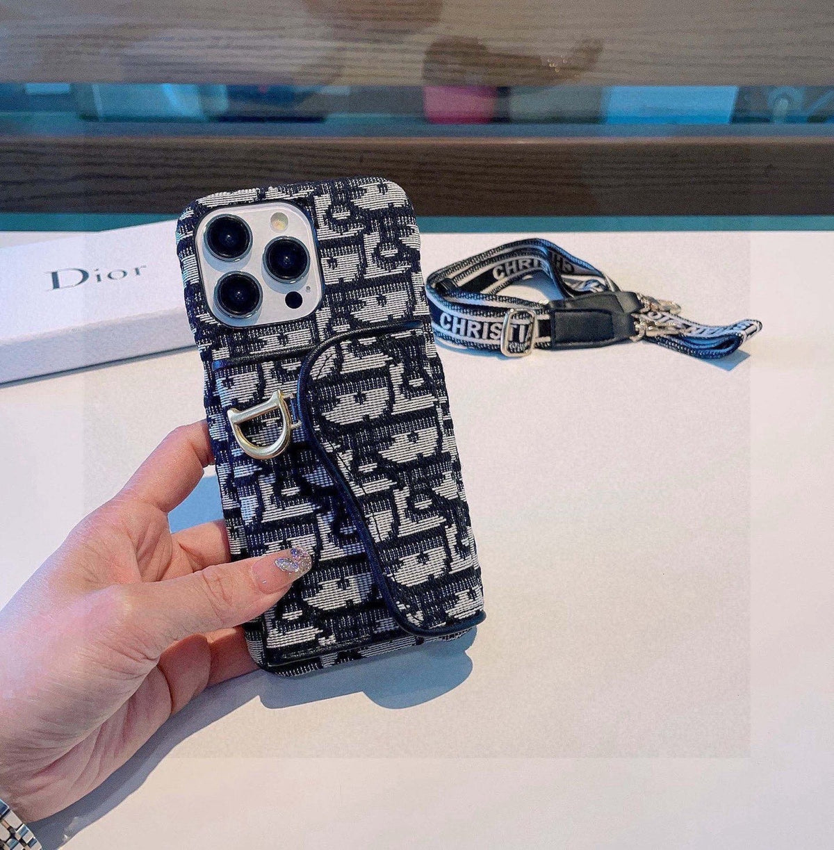 Dior Montaigne Card Holder Phone Case Embroidered Strap